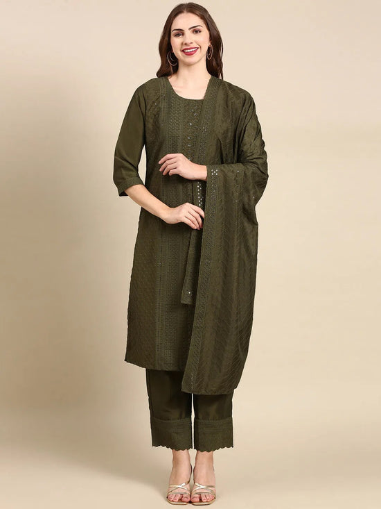 Women's Olive Printed Kurta Set-SKC-977-Olive