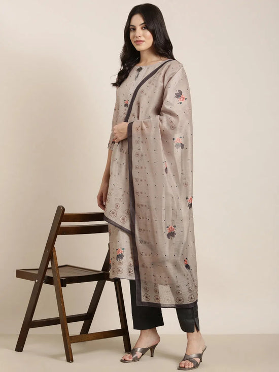 Women Straight Olive Floral Kurta and Trousers Set Comes With Dupatta-SKC-052345-Olive