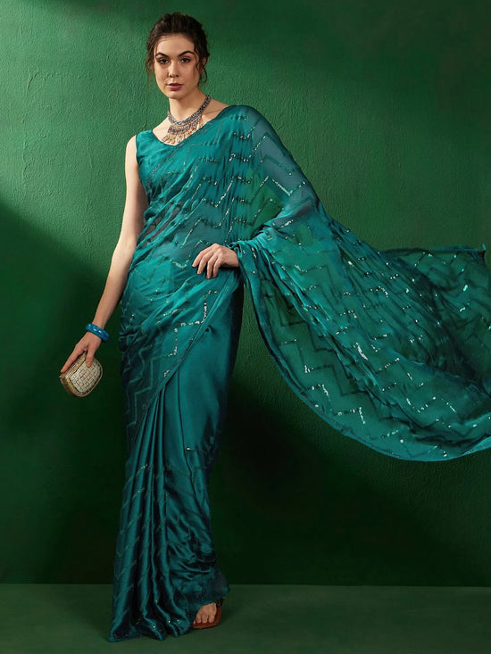 Saree Mall Women's Chiffon Teal Blue Embellished Designer Saree With Blouse Piece-VEDNSHI5063