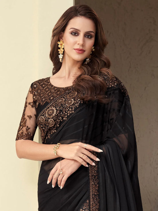 Saree Mall Women's Georgette Black Embellished Designer Saree With Blouse Piece-SILVER28008