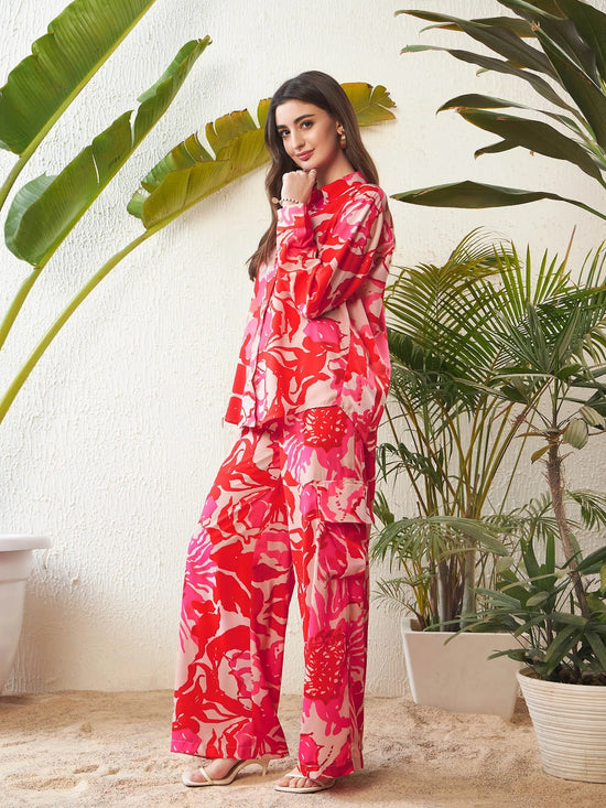 Women Red Floral Oversize Shirt With Box Pocket Pants