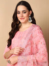 Ahika Women Pink Organza Embroidered Straight Kurta Pant Set With Dupatta