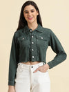 Women's Green Solid Open Front Jacket-GZ-5599-Green