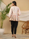 The Wonderland Women Peach Floral Printed Cotton Peplum Tunic With Thread Embroidery