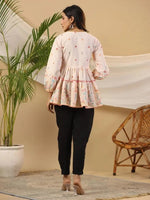 The Wonderland Women Peach Floral Printed Cotton Peplum Tunic With Thread Embroidery