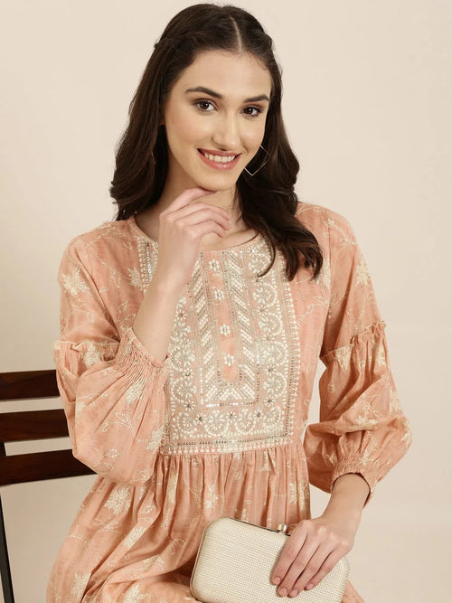 Women Peach Floral Anarkali Kurta-BC-CK987-Peach