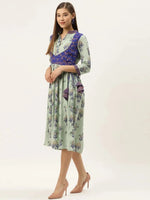 Printed Midi dress with mock waistcoat in pista green