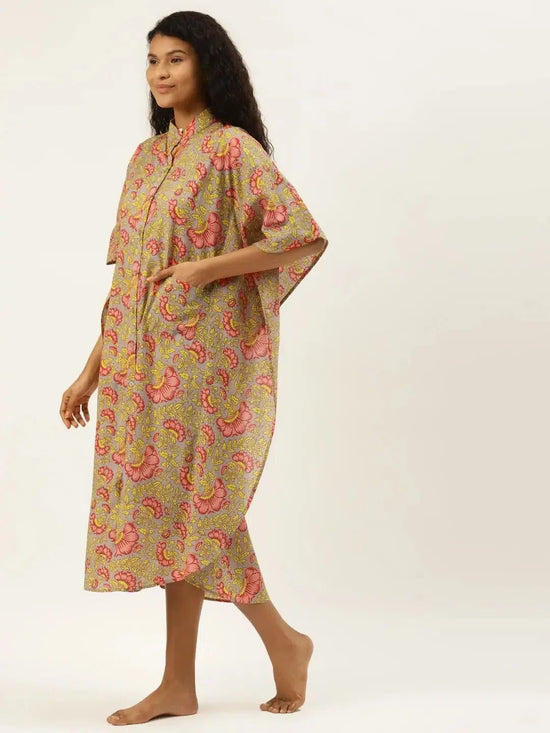 Kaftan with Pockets in Grey Floral Print