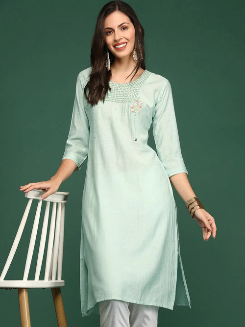 Women's Green Solid Straight Kurta-DF-1211-Seagreen