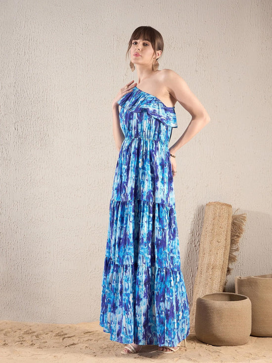 Women Blue Brushstroke Printed One Shoulder Maxi Dress