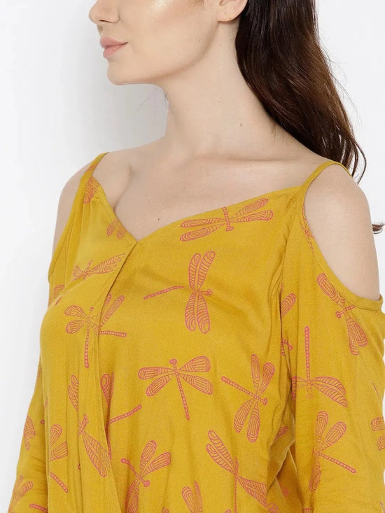 Cold Shoulder overlap printed Top in Mustard