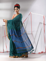 Teal Cotton Saree With Stripes Zari Pallu-MA55CT06540093