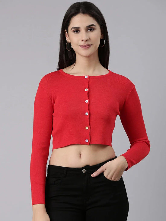 Women Red Solid Front-Open Crop Sweater-CHN-5211-Red