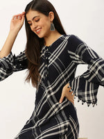 Women's Blue Checked A-Line Kurtas-ON-528-Navyblue