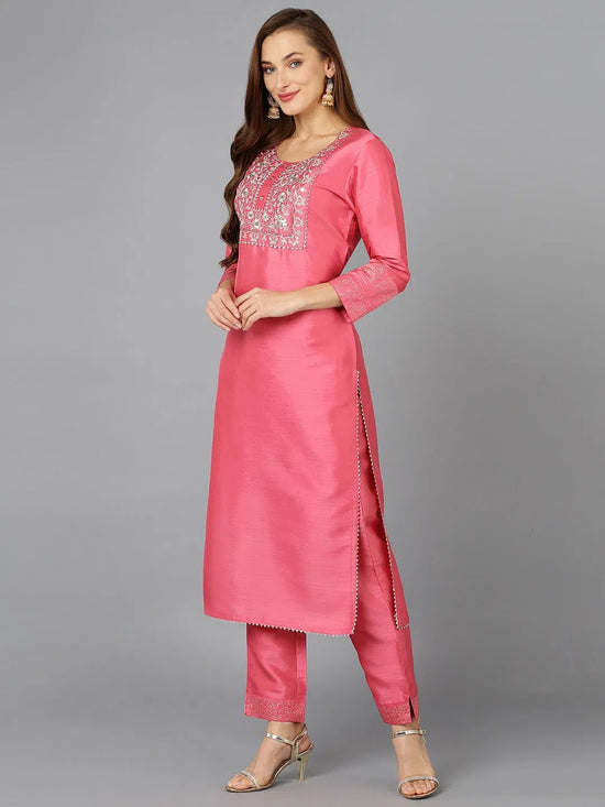 Pink Silk Blend Straight Kurta Pant With Dupatta