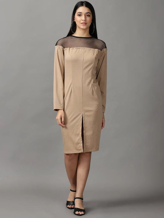 Women's Beige Solid Bodycon Dress-DQ-17-174-F-Beige