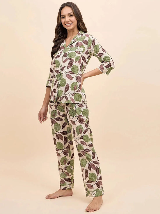 Shirt Pyjama Set in Green Lemon Print