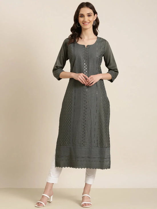 Women Grey Embellished Straight Kurta-SKC-1248-Grey