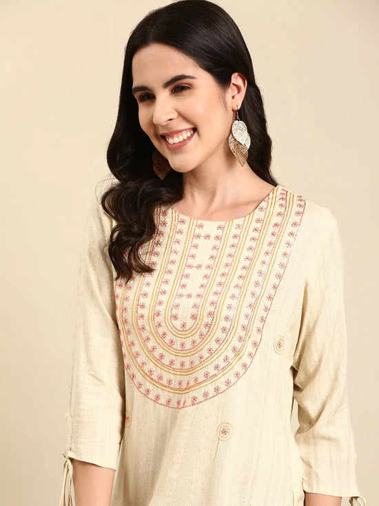 Women's Cream Embroidered Straight Kurta-GW-2421-Cream