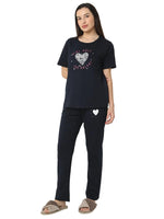 Smarty Pants Women's Cotton Lycra Navy Blue Color Heart Print Night Suit