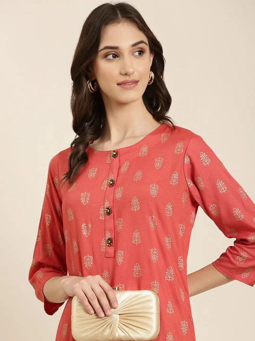 Women Coral Floral Straight Kurta-GW-3877-Coral