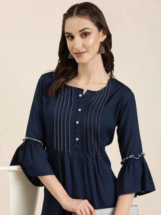 Women Navy Blue Solid A-Line Kurti-NJ-3748226-Navyblue