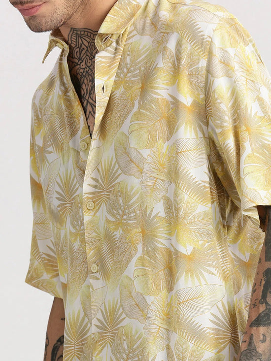 Men Spread Collar Floral Yellow Casual Shirt-POLFAH-2102-Yellow