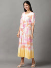 Women's White Tie Dye Fit and Flare Dress-ON-605-Whitepink