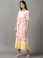 Women's White Tie Dye Fit and Flare Dress-ON-605-Whitepink