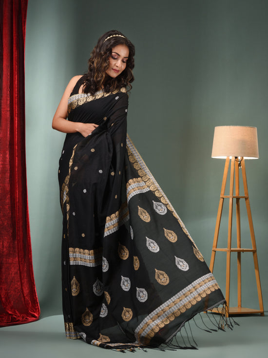 Black Cotton Handwoven Saree With Woven Designs-MA50CT061410087