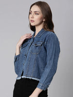 Women Blue Solid Denim Jacket-AE-0115-Blue