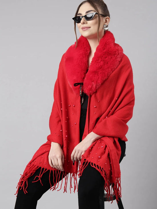 Women Solid Red Longline Front-Open Poncho-CHN-879-Red