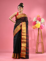 Black Pure Cotton Tant Saree With Zari Border-MA51TT43540047