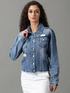 Women's Blue Solid Denim Jacket-LT-JKT-10460-Blue