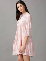 Women's Peach Striped Fit and Flare Dress-AE-15712-Peach