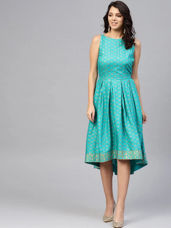 Deep back box pleated Midi Printed Dress in Mint Blue