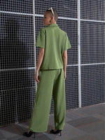 Women Green Knit Notch Collar Shirt With Darted Pants