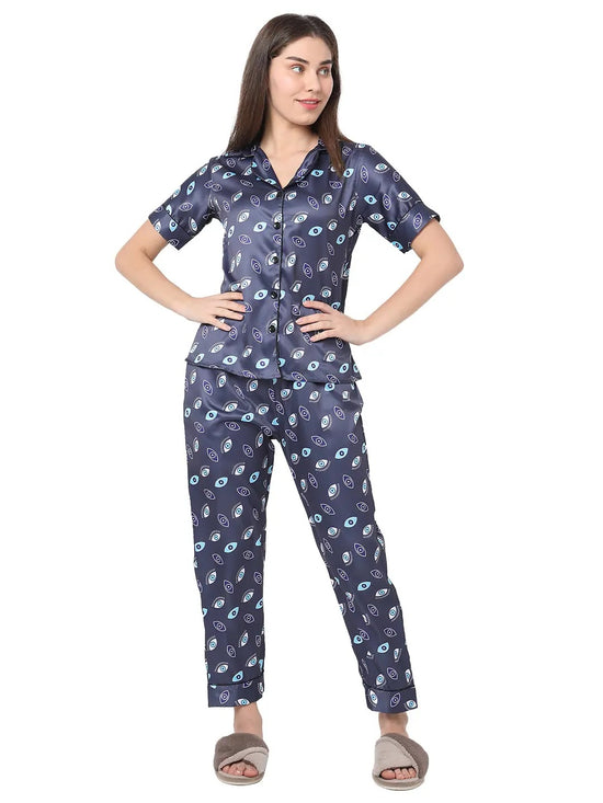 Smarty Pants Women's Silk Satin Blue Color Evil Eye Print Night Suit