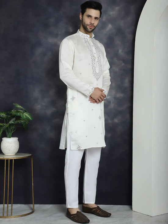 Men's Embroidered Kurta With Pyjama.-JOKP-P-5045White