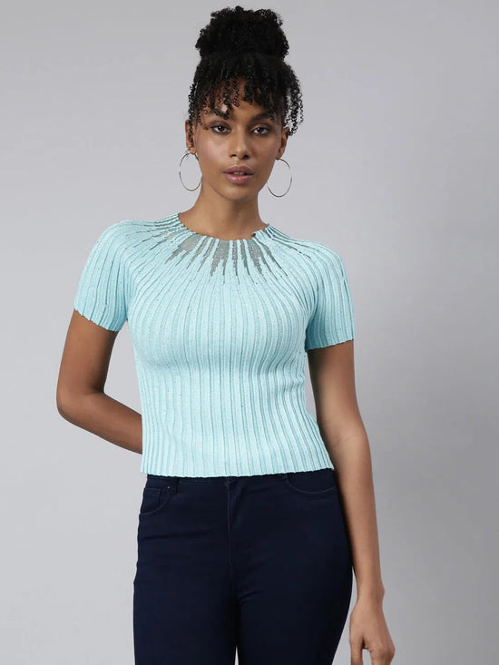 Women Turquoise Blue Self Design Fitted Crop Top-CHN-47220-Turquoiseblue