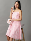 Women's Pink Printed Fit and Flare Dress-AE-15740-Pink