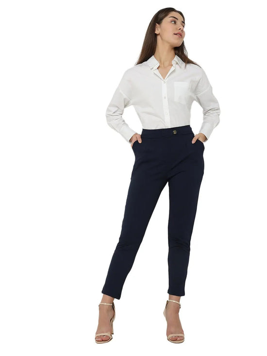 Smarty Pants Women's Cotton Lycra High Raise Waist Ankle Length Navy Blue Formal Trouser