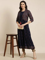 Women Anarkali Navy Blue Floral Kurta Comes With Overcoat-AT-JK-1158-Navyblue