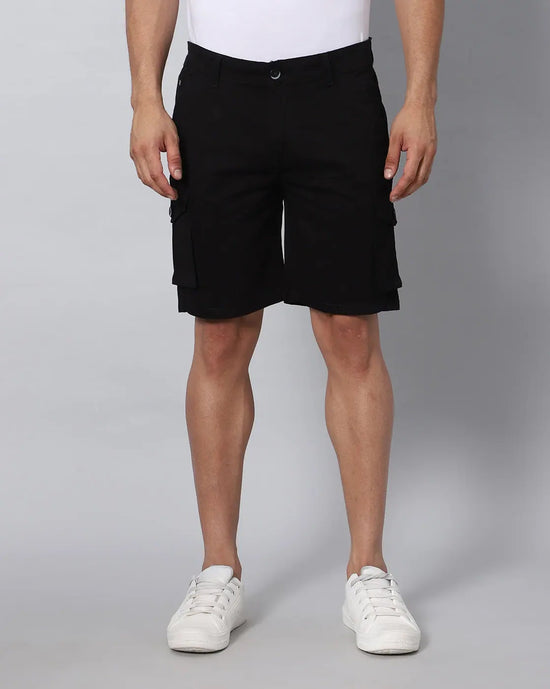 Solid Stretchable Shorts with 6 pockets-Black