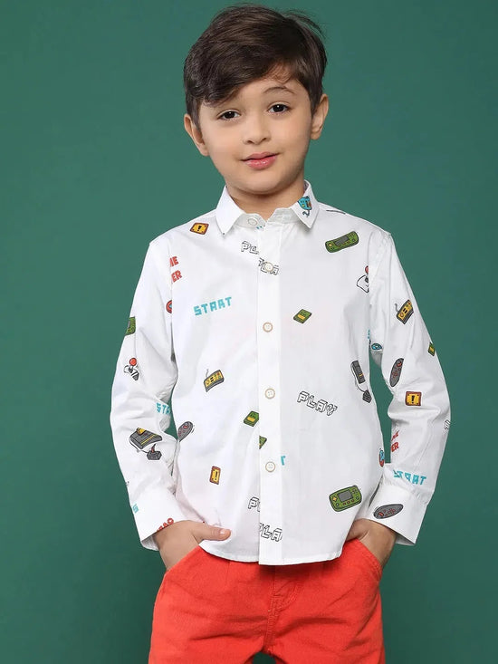 Tales & Stories White Printed Cotton Shirt For Boys