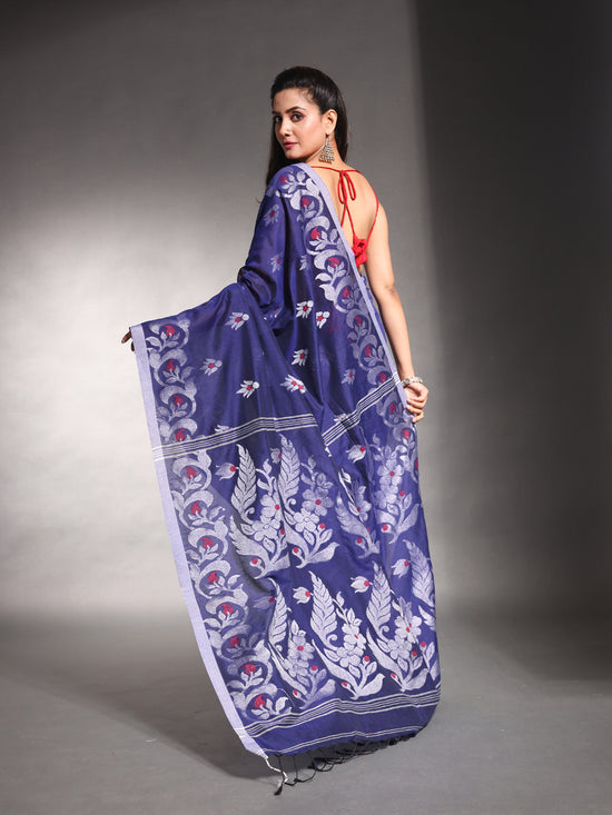 Navy Blue Pure Cotton Soft Saree With Nakshi Designs-MA54CT33770115