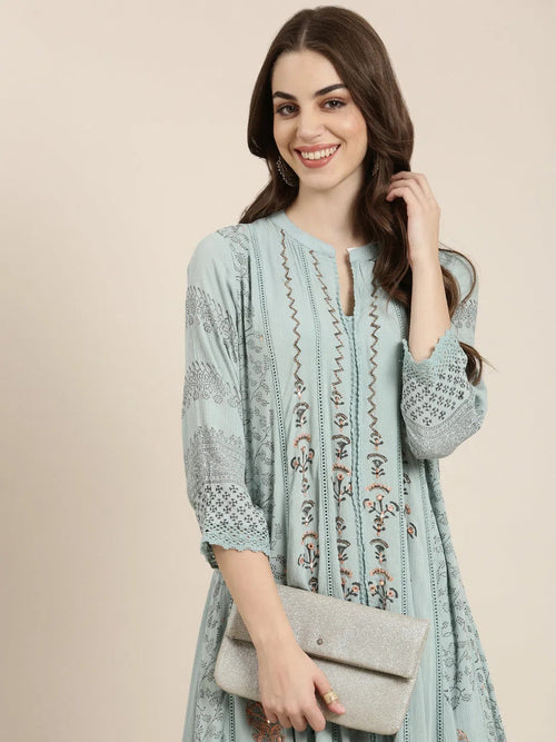 Women Blue Floral A-Line Kurta-RF-1597-Blue