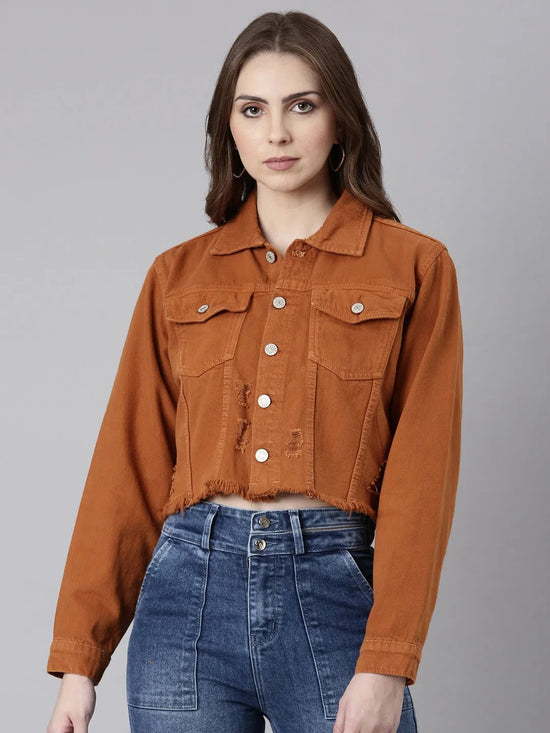 Women Rust Solid Denim Jacket-GZ-5599-Rust