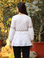 White Cotton Dobby Peplum Tunic With Multi Colored Thread Embroidery