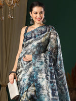 Saree Mall Women's Organza Charcoal Grey Printed Designer Saree With Blouse Piece-TISU105